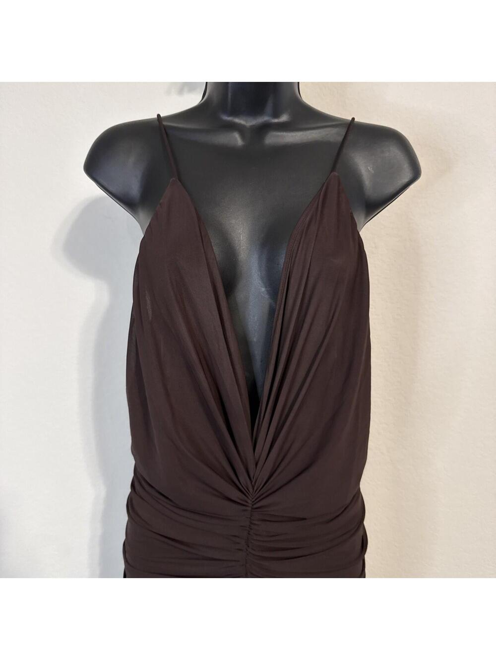 Ronny Kobo Anya Spaghetti Strap Brown Ruched Maxi Cocktail Dress - XL - Picture 3 of 12